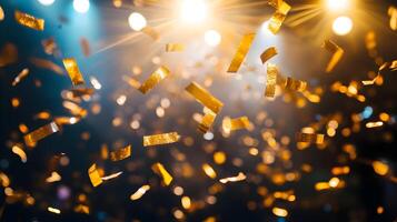 Golden confetti floating with shimmering light creating a festive and celebratory mood photo