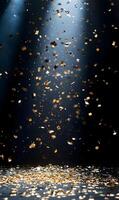 Spectacular golden confetti falling on a dark stage creating a magical festive scene photo