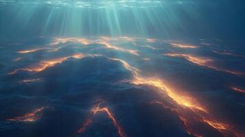Underwater light streams illuminate a mysterious seabed in a surreal ocean scene photo