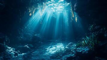 Underwater Serenity, Sunbeams Illuminate a Mysterious and Tranquil Submerged World photo