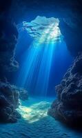 Underwater Sunlight Beams Through Cave Entrance in Ocean Depths Serenity Scene photo
