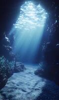 Underwater cave with sunbeams penetrating the water surface, creating ethereal glow photo
