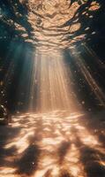 Enchanting underwater scene with sun rays penetrating the surface creating magical patterns photo