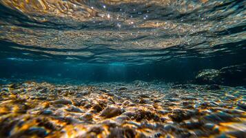 Underwater Tranquility, Glimpse of Ocean Floor with Sunlight Rippling Through the Surface photo