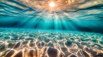 Underwater Sunlight Filtering Through Ocean Waves onto Sandy Seabed, Sparkling Visual photo