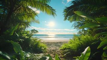 Idyllic tropical beach paradise framed by lush green foliage and crystal clear turquoise waters photo