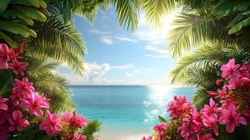 Exotic Beach Paradise Framed by Lush Tropical Flora and Azure Ocean Vista Beauty photo