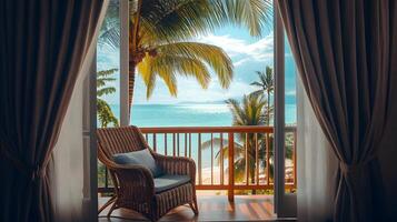 Tropical View from Balcony with Palm Trees, Beach and Ocean in a Paradise Resort photo