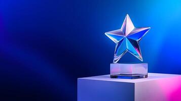 Elegant crystal star award on modern platform, symbolizing achievement and recognition photo