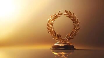 Elegant golden laurel wreath trophy on a reflective surface with a warm, soft light effect photo