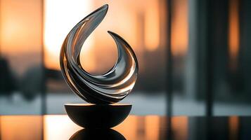 Elegant Glass Sculpture on Minimalist Stand with a Soft Sunset Backdrop Display photo