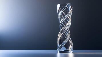 Elegant crystal vase with intricate twisted design under soft and illuminating studio light photo