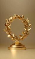 Golden laurel wreath on a pedestal, symbol of victory, success and achievement prize photo