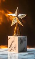 Elegant golden star trophy on marble stand signifying success and achievement, bright light photo
