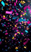 Colorful confetti explosion on black background creating a festive atmosphere photo