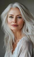 Elegant portrait of a mature woman with long gray hair and a serene expression photo