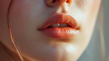 Close-up shot capturing the beauty of plump lips with glossy lipstick, artistic portrait photo