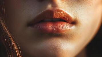 Macro close-up shot showcasing plump, glossy lips with subtle lighting and soft skin texture photo