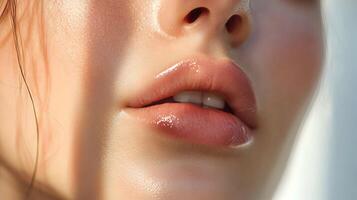 Close up of woman's lips with glossy lipstick offering a modern and sensual allure photo