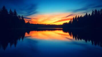 Serene sunset reflecting off calm lake waters creating a picturesque landscape view photo