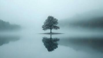 Solitary tree reflecting on a misty lake, creating a serene and tranquil atmosphere photo