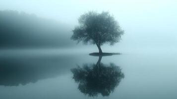 Mystical tree reflecting in lake water, shrouded in a veil of fog and soft light photo