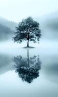 Mystical tree reflection in serene waters under foggy weather creating an ethereal scene photo