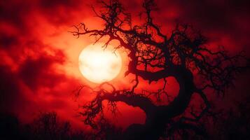 Blood Moon Silhouette of a Tree Creating a Mystical and Dramatic Night Scenery photo
