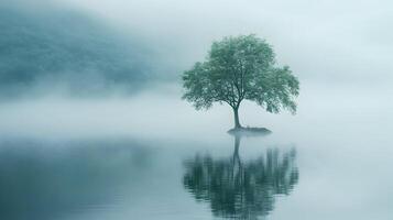 Serene reflection, Solitary tree standing amidst a misty lake with its reflection photo
