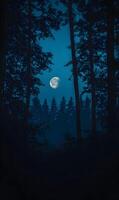 Majestic moon illuminates the serene forest, casting a tranquil glow on the shadowy trees photo