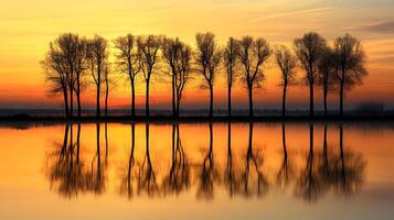Golden hour reflecting off a tranquil lake with silhouetted trees, creating a serene scene photo
