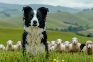 Border collie herding sheep in a green field. photo
