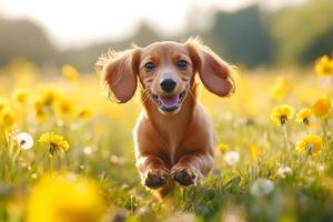 Adorable dachshund puppy running happily in a field of dandelions photo