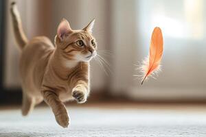 Ginger cat jumping and playing with feather photo