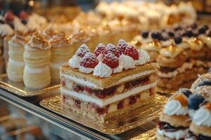 Delicious raspberry cake with whipped cream displayed in bakery window among other pastries photo