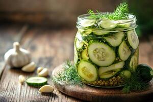 Glass jar full of sliced cucumbers preserving in vinegar with dill and garlic photo