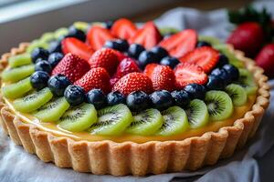 Delicious fruit tart with kiwi, blueberries and strawberries decorating a custard base photo