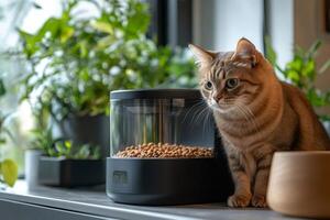 Tabby cat sitting next to a modern automatic pet feeder, surrounded by houseplants photo