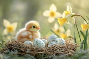Little chick sitting in nest with easter eggs and daffodils in spring.. photo