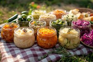 Fermented vegetables like sauerkraut and carrots resting on picnic blanket photo