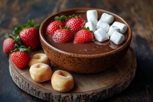 Chocolate fondue with strawberries and marshmallows served with mini donuts photo