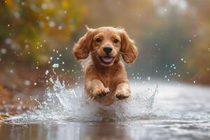 Happy cocker spaniel puppy running in water with splashes photo