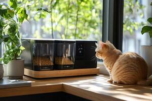 Tabby cat waiting for food from automatic pet feeder photo