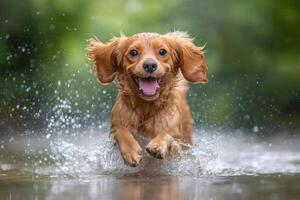 Cocker spaniel running in water with happy expression photo