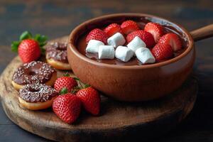 Chocolate fondue with marshmallows and strawberries served with donuts photo