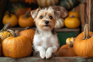 Adorable puppy posing with paws on wooden crate surrounded by pumpkins photo