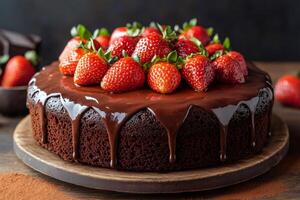 Delicious chocolate cake with dripping icing and fresh strawberries is waiting for the party photo