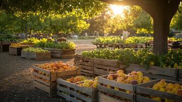 Fresh peaches and vegetables filling wooden crates at sunset in farmers market photo