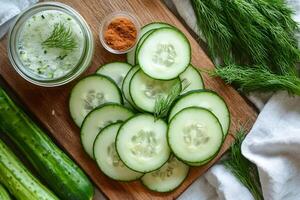 Sliced cucumbers with dill and spices arranged on wooden cutting board photo