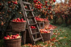 Wicker baskets overflowing with freshly picked apples in autumn orchard photo